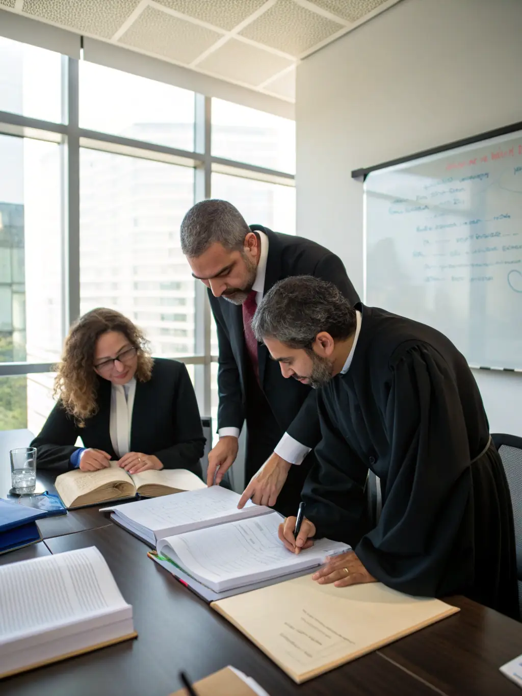 A business meeting with attorneys discussing contract documents around a conference table, representing Chen Attorneys' commercial law advisory services.
