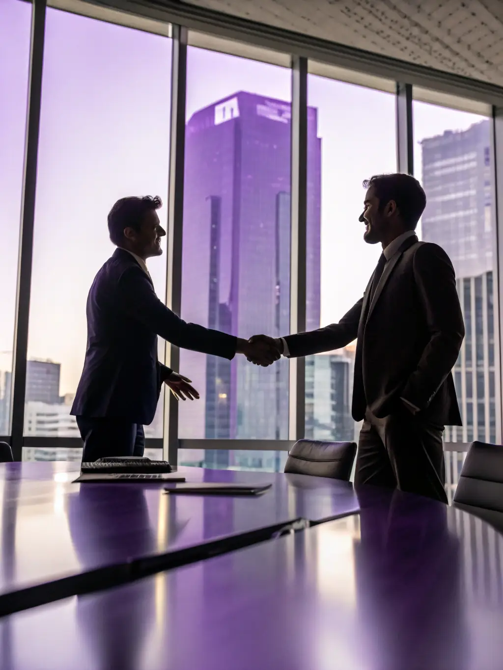 Two business professionals shaking hands over a signed contract in a bright, modern office, symbolizing Chen Attorneys' commercial law services.