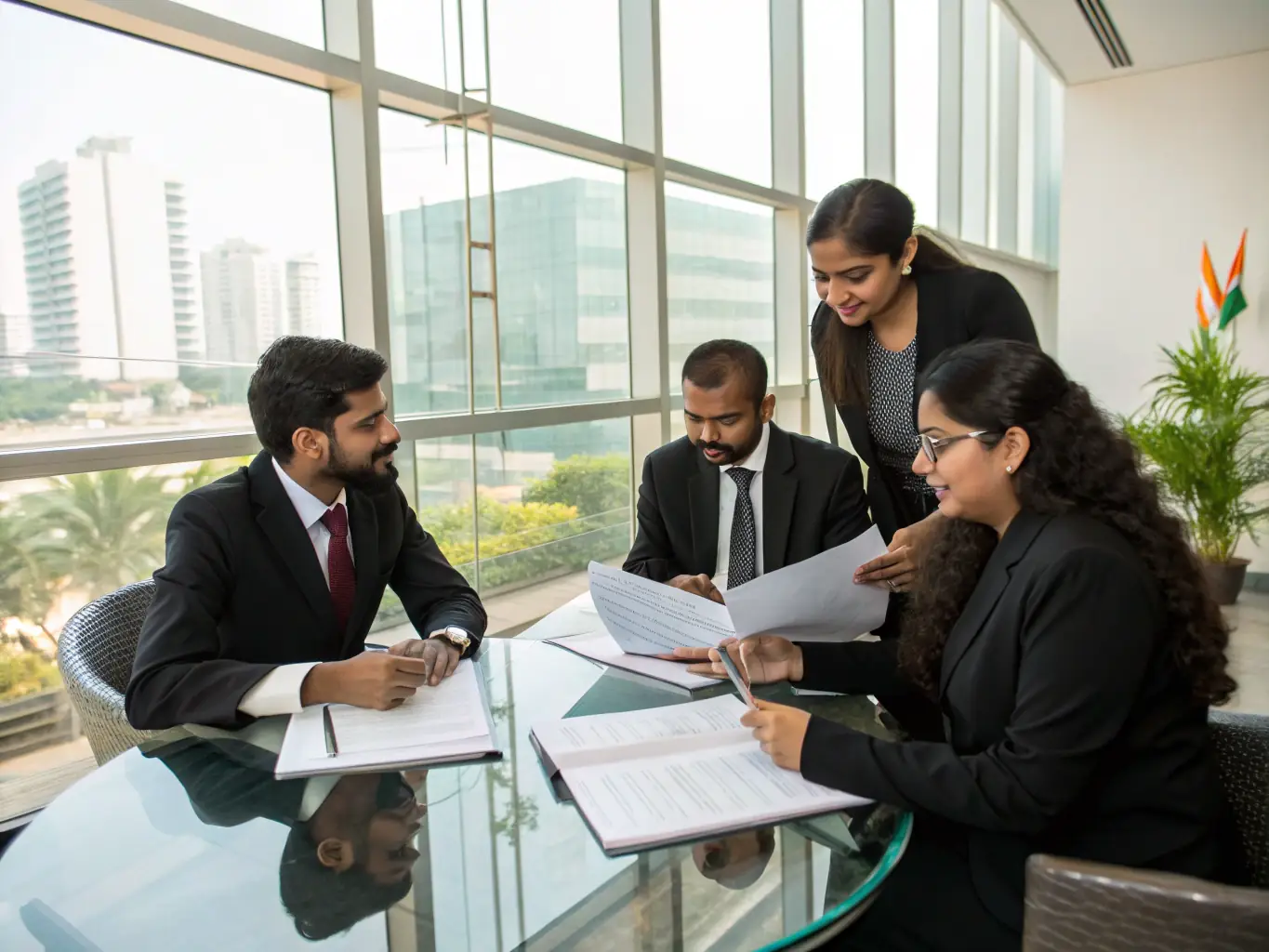 An image of a diverse team of Chen Attorneys collaborating in a modern, sunlit office, symbolizing their collective expertise and client-focused approach.