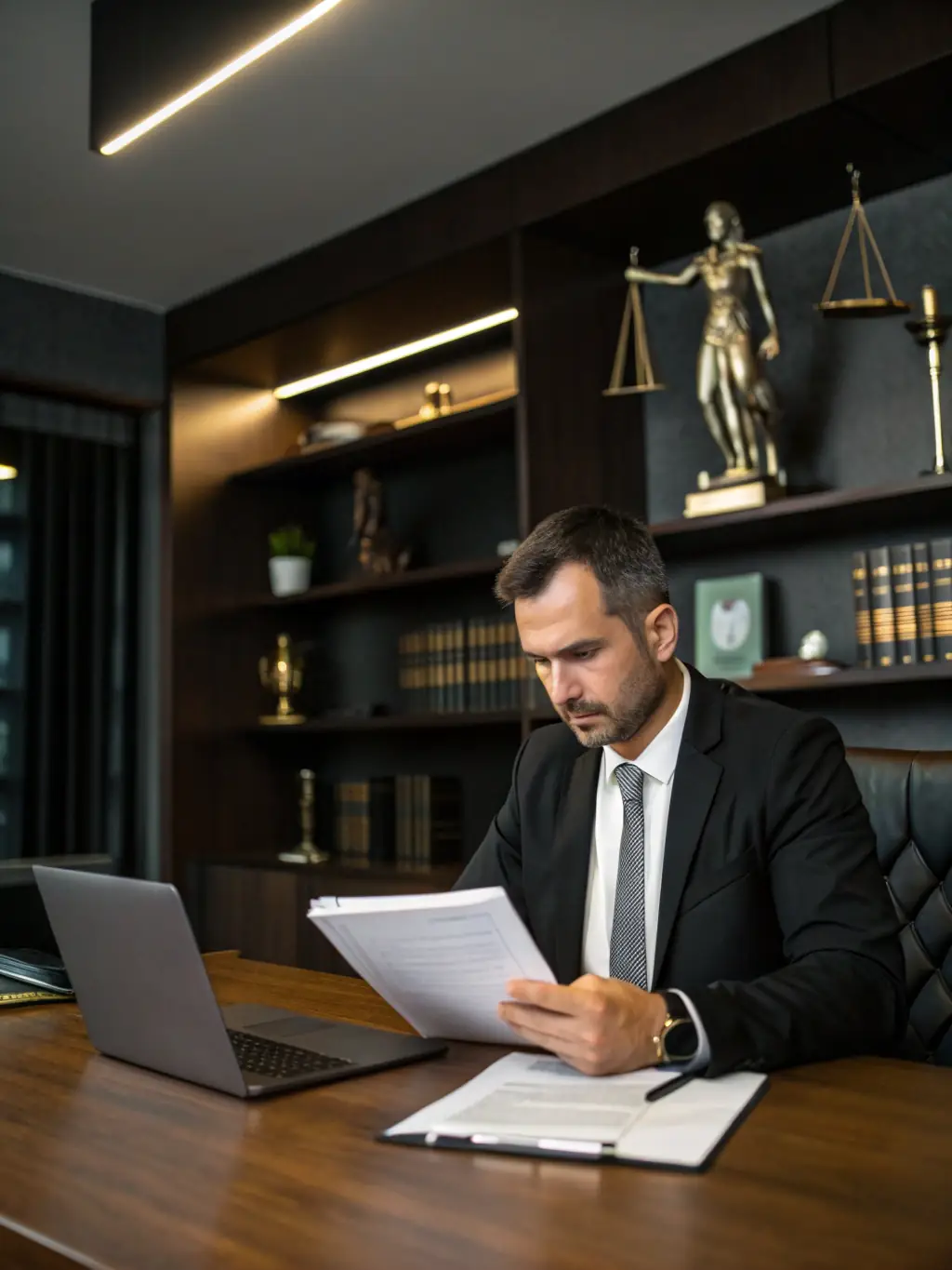 A well-dressed lawyer in a modern office, reviewing tax documents with a focused expression, representing Chen Attorneys' expertise in tax law.